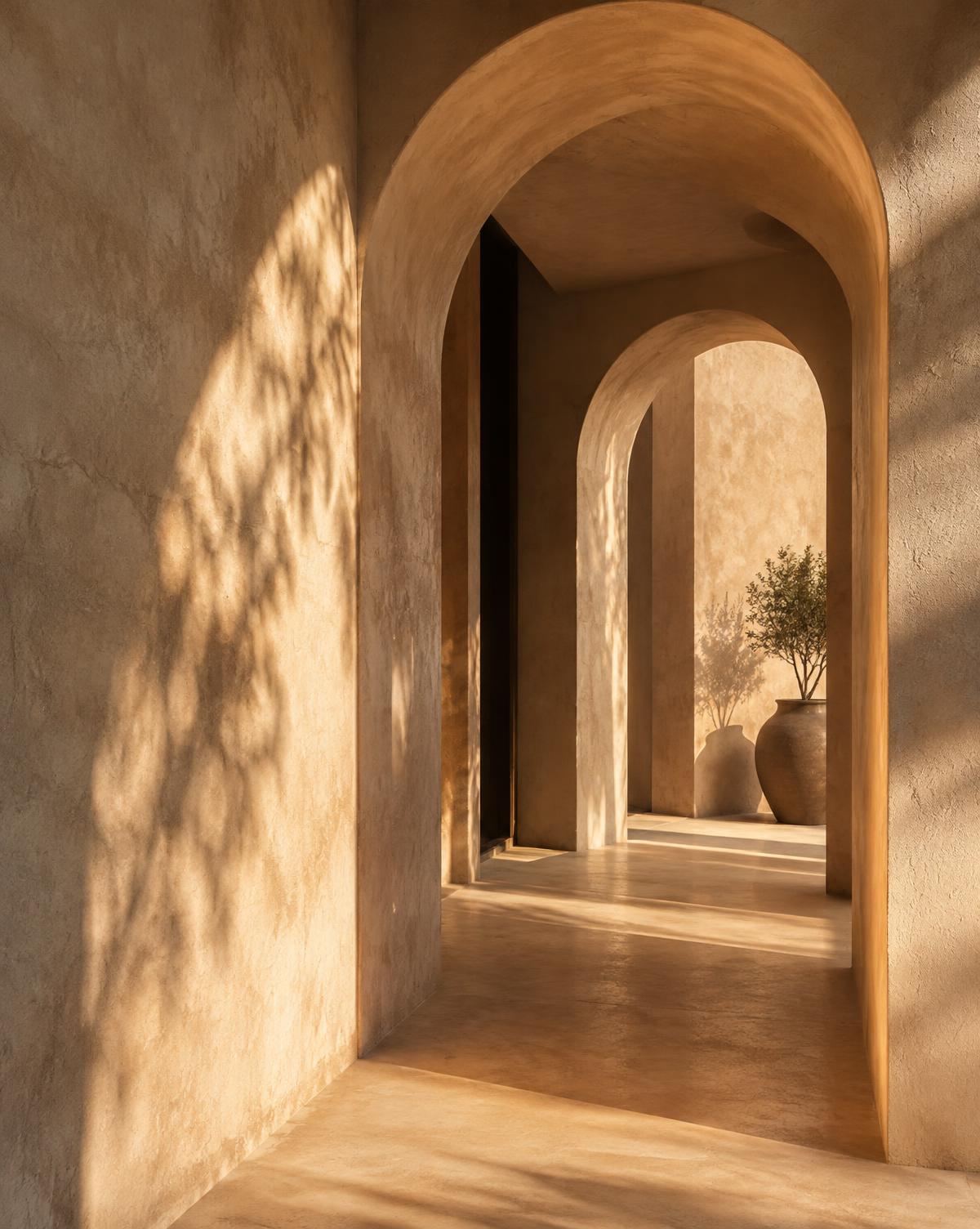 Golden hour light and leaf shadows falling across a curved clay plaster corridor